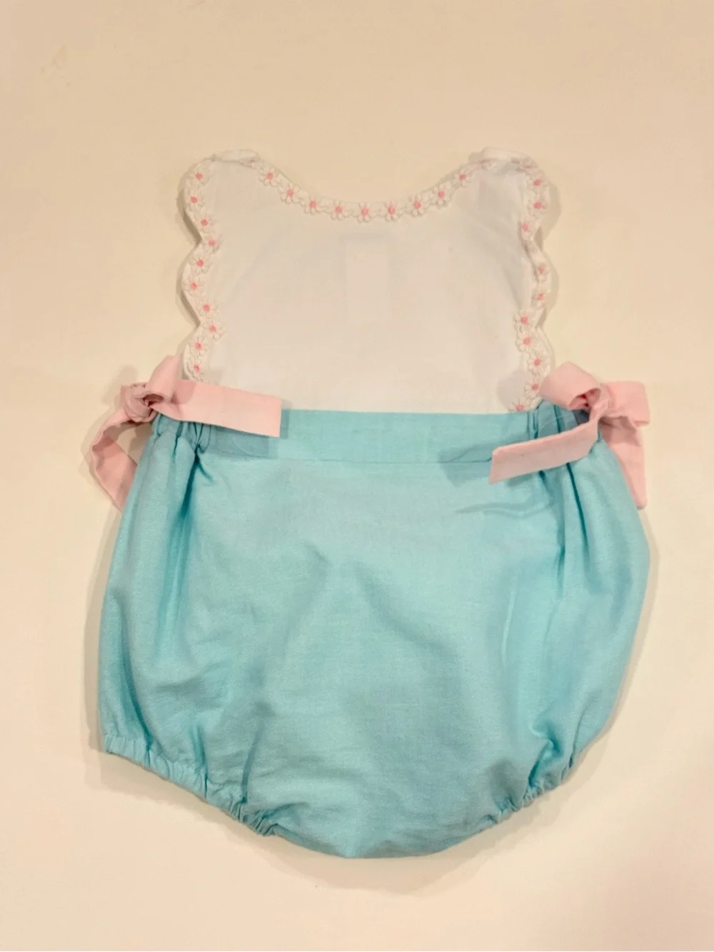 Bella Bliss White & Light Blue Baby Bubble Romper with Pink Bows